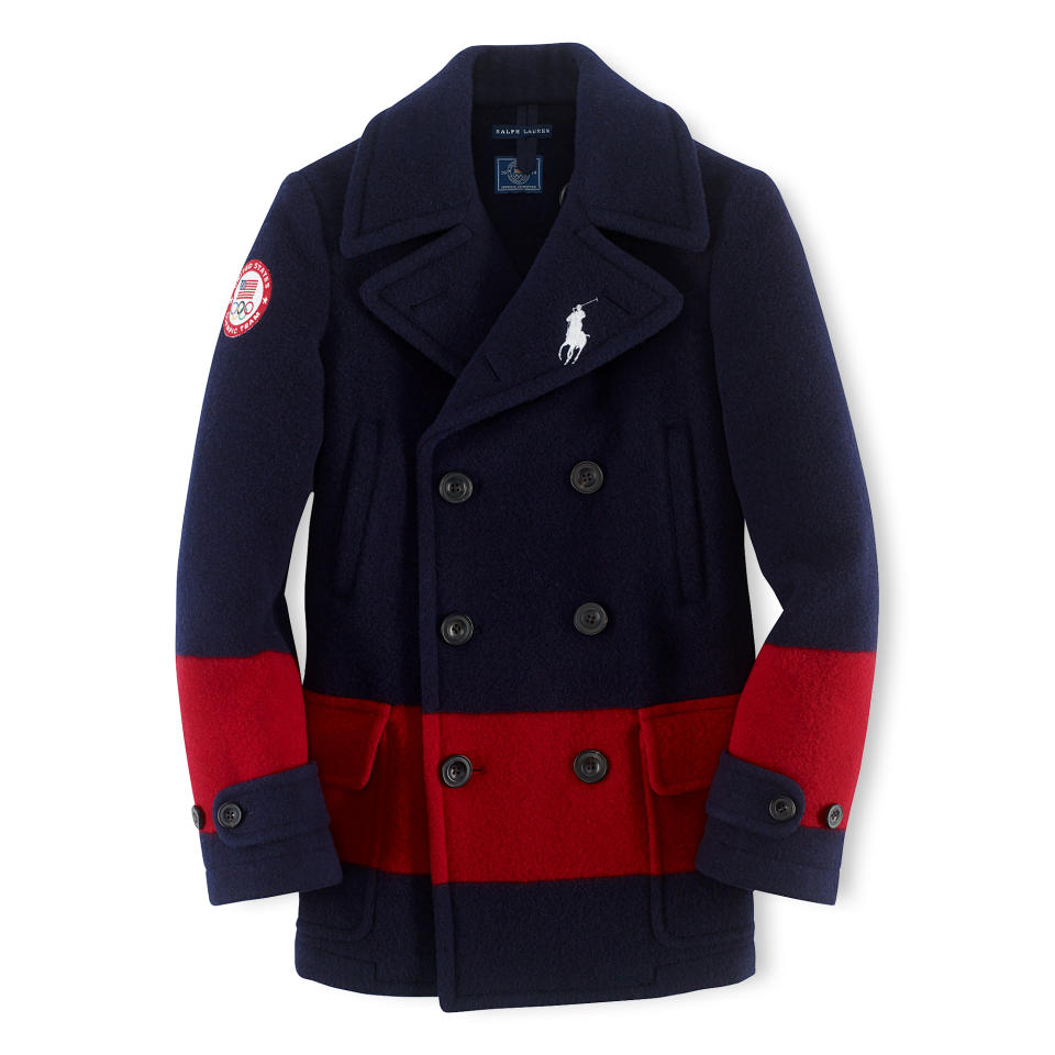 This undated product image provided by Ralph Lauren shows a navy peacoat with a red stripe, part of the official gear of the U.S. Olympic team. Every article of clothing made by Ralph Lauren for the U.S. Olympic athletes in Sochi has been made by domestic craftsman and manufacturers. (AP Photo/Ralph Lauren)