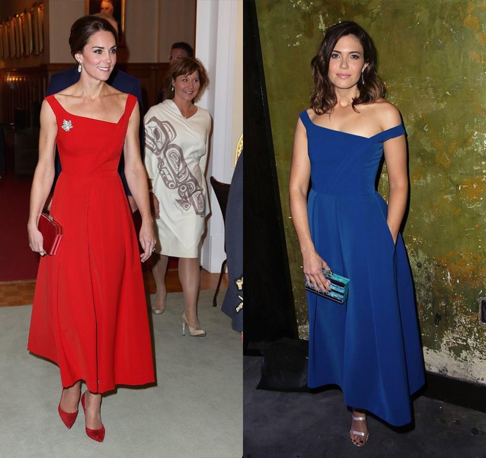 <p>Mandy Moore wore the blue version of the Preen by Thornton Bregazzi tea-length dress Kate Middleton wore during her 2016 royal tour of Canada. Of course, the Duchess added a few royal touches, like her <a href="https://www.harpersbazaar.com.sg/watches-jewels/kate-middleton-maple-leaf-brooch-jewellery/" rel="nofollow noopener" target="_blank" data-ylk="slk:diamond maple leaf broach;elm:context_link;itc:0;sec:content-canvas" class="link ">diamond maple leaf broach</a>.</p>