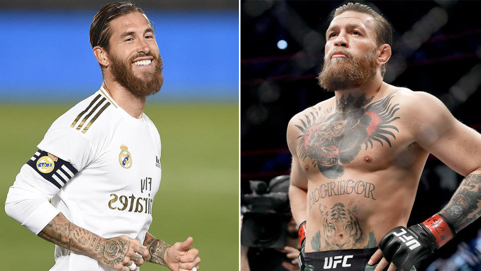 Real Madrid captain Sergio Ramos (pictured left) smiling during a game and UFC icon Conor McGregor (pictured right) concentrating before a fight.