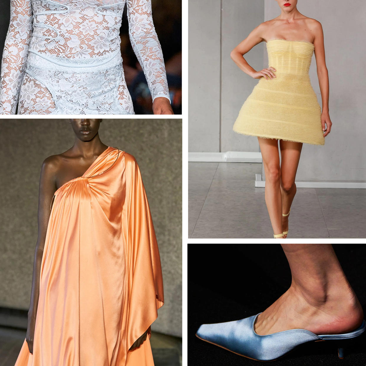  Graphics of spring 2024 color trends, white, gray, butter yellow, pale lilac, glacial blue, apricot crush. 