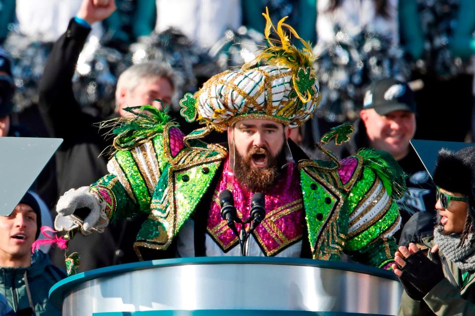 Philadelphia Eagles center Jason Kelce speaks at the conclusion of the NFL team's Super Bowl victory parade in front of the Philadelphia Museum of Art in Philadelphia Feb. 8, 2018.