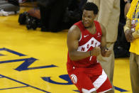 Kyle Lowry #7 of the Toronto Raptors celebrates late in the game against the Golden State Warriors during Game Six of the 2019 NBA Finals at ORACLE Arena on June 13, 2019 in Oakland, California. (Photo by Lachlan Cunningham/Getty Images)