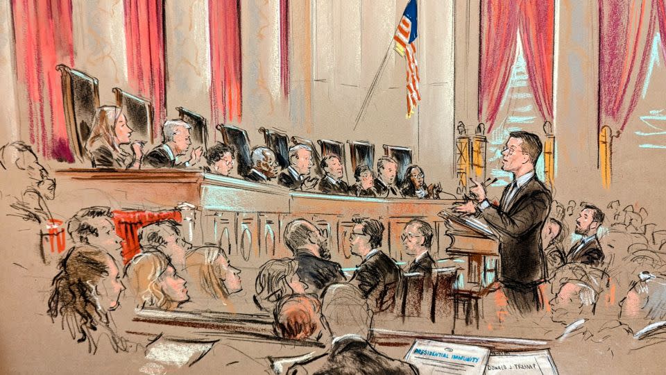 In this sketch, Donald Trump's attorney D. John Sauer argues before the US Supreme Court on Thursday, April 25, 2024. - Bill Hennessy