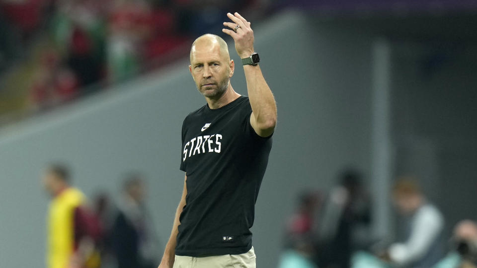 Head coach Gregg Berhalter of the United States gestures during the World Cup, group B soccer match between the United States and Wales, at the Ahmad Bin Ali Stadium in Doha, Qatar, Monday, Nov. 21, 2022. (AP Photo/Francisco Seco)