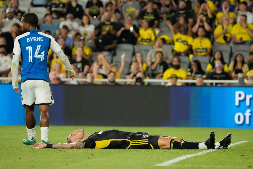 Crew forward Christian Ramirez reacts after a missed shot against Charlotte FC. Columbus missed 22 shots Wednesday.