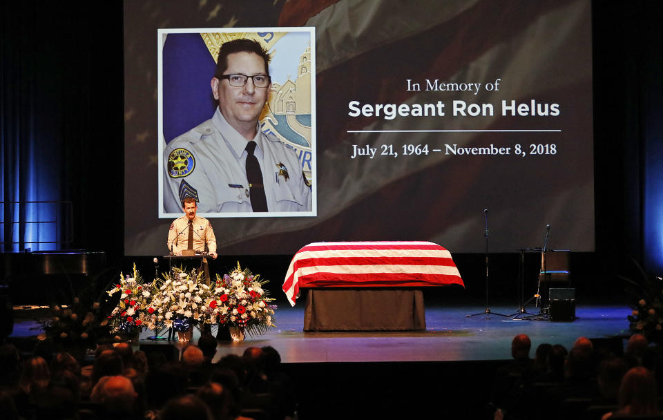 Ventura County Sheriff Biull Ayub addressing the crowd attending the memorial service for Ventura County Sheriff Sgt. Ron Helus at Calvary Community Church in Westlake Village, Calif., Thursday, Nov. 15, 2018. Sgt. Helus was one of twelve victims of the Borderline Bar & Grill mass shooting in Thousand Oaks last week. (Al Seib /Los Angeles Times via AP, Pool)