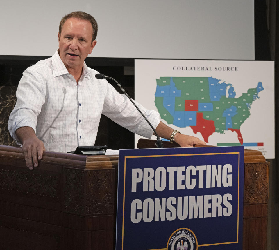 FILE -Louisiana Governor Jeff Landry speaks during a press conference to discuss his decision to veto House Bill 423, Tuesday, June 18, 2024, at the Louisiana State Capitol in Baton Rouge, La. Republican Gov. Jeff Landry, has carried out a sweeping conservative agenda in just six months on the job. (Hilary Scheinuk/The Advocate via AP, File)