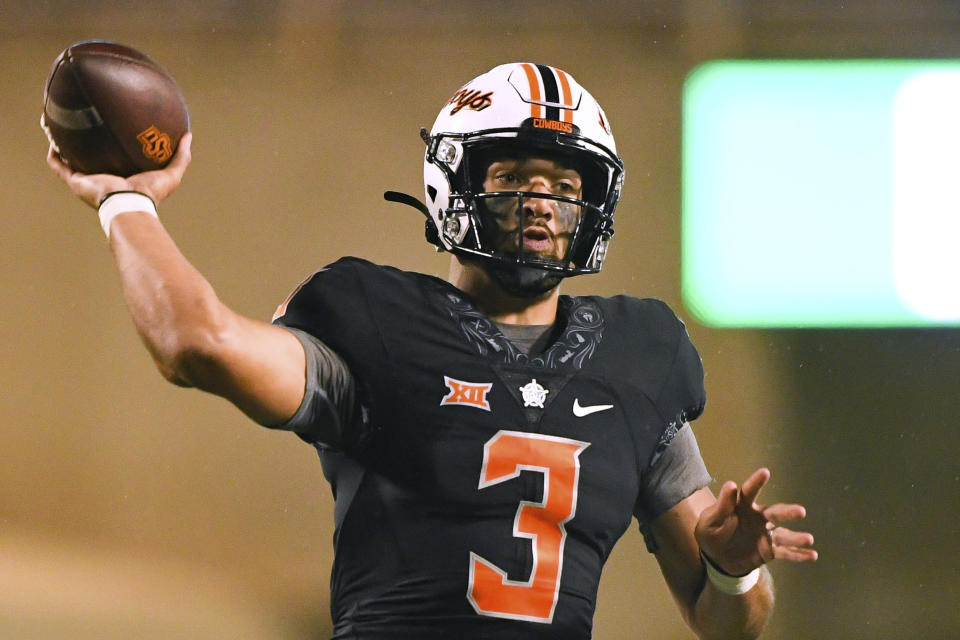 Oklahoma State quarterback Spencer Sanders throws a pass during the second half of the team's NCAA college football game against Arizona State on Saturday, Sept. 10, 2022, in Stillwater, Okla. (AP Photo/Brody Schmidt)