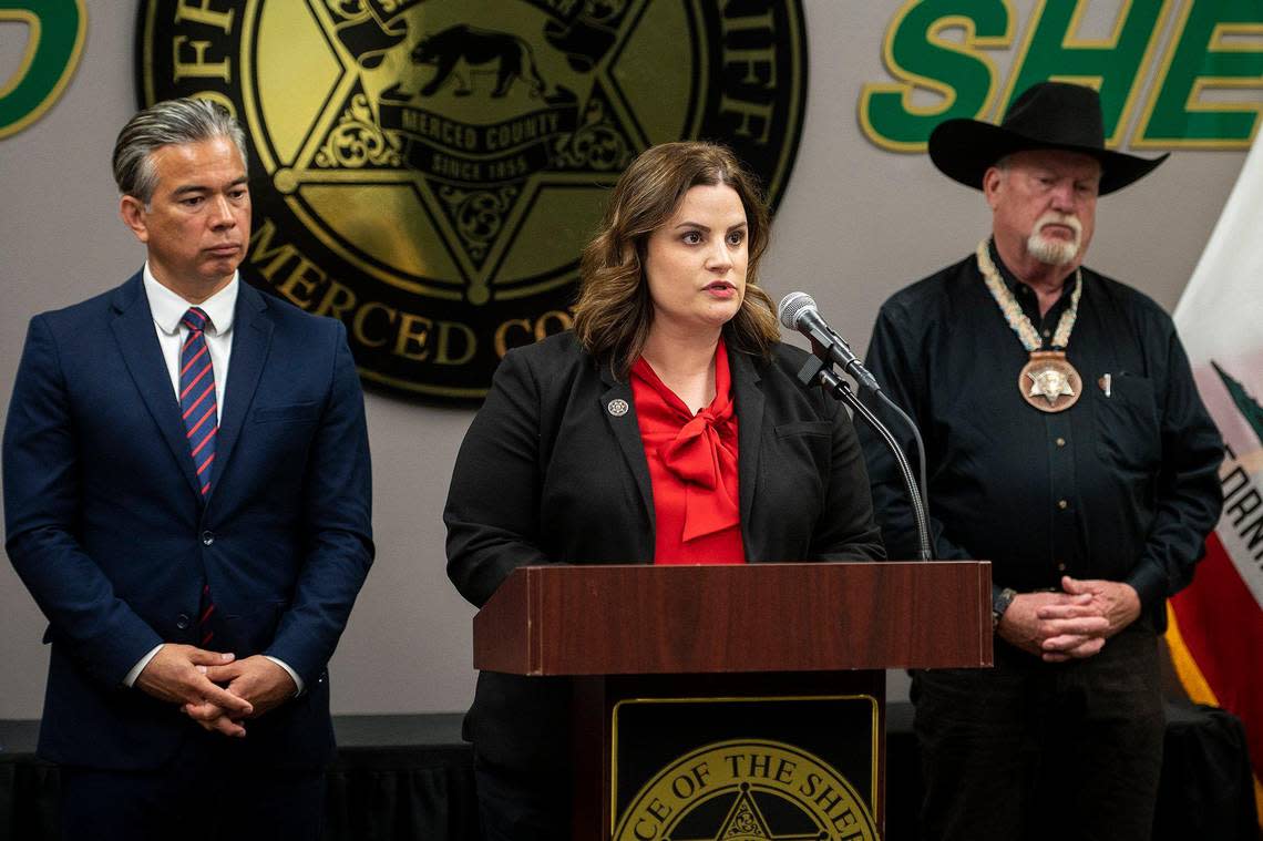 Merced County District Attorney Nicole Silveira speaks about charges that will be filed after the recent seizure of 40 pounds of fentanyl, 104 pounds of methamphetamine as well as seven arrests as result of two separate Merced County cases, during a news conference in Merced, Calif., on Wednesday May 3, 2023. Authorities said California Highway Patrol officers made the April enforcement stops which led to the discovery of the narcotics worth about $4.2 million.