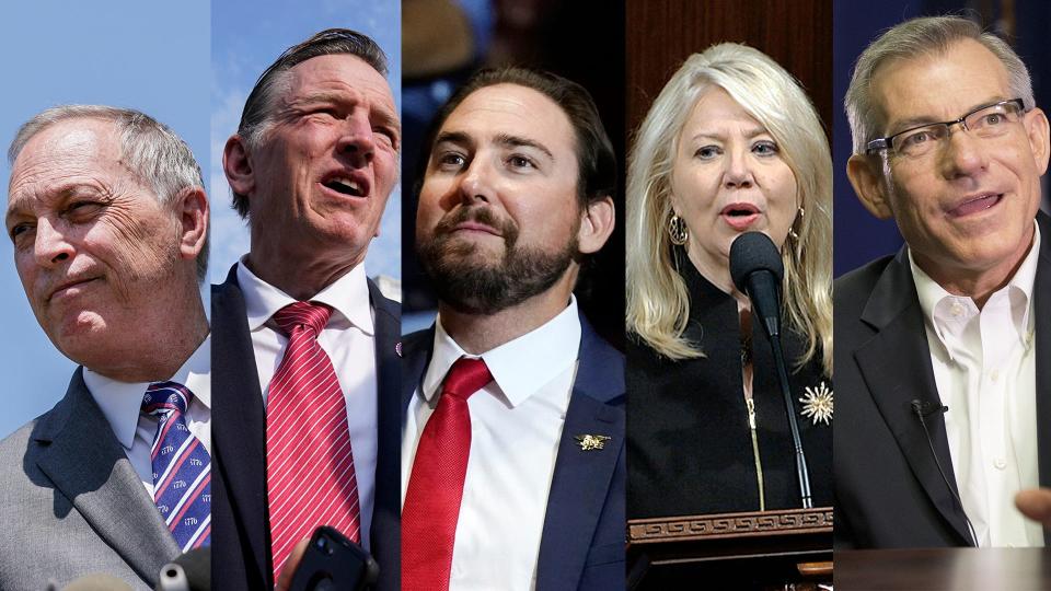 U.S. House representatives from Arizona, from left, Republicans Andy Biggs, Paul Gosar, Eli Crane, Debbie Lesko and David Schweikert.