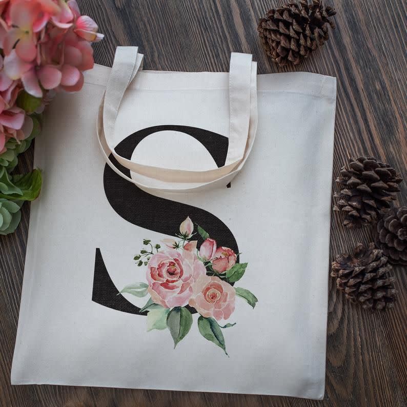 Floral Initial Tote Bag