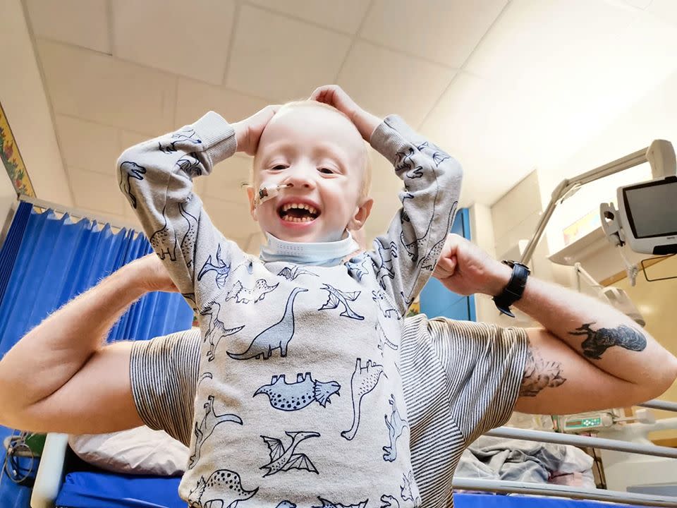 Archie and father Simon Wilks celebrate being told they can go home from Addenbrooke's Hospital on April 1 (Family handout/PA)