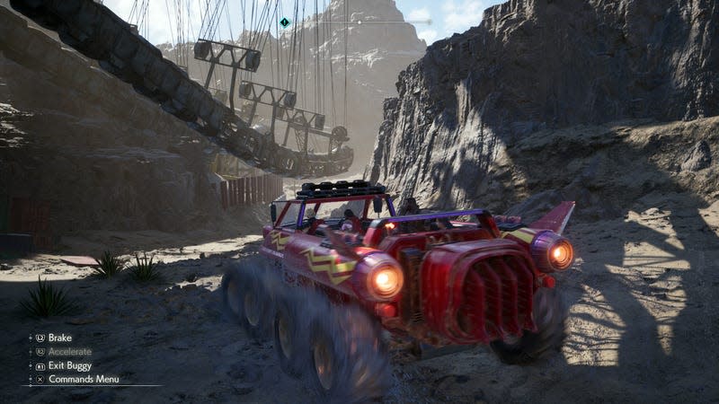 A buggy car races through desert terrain.