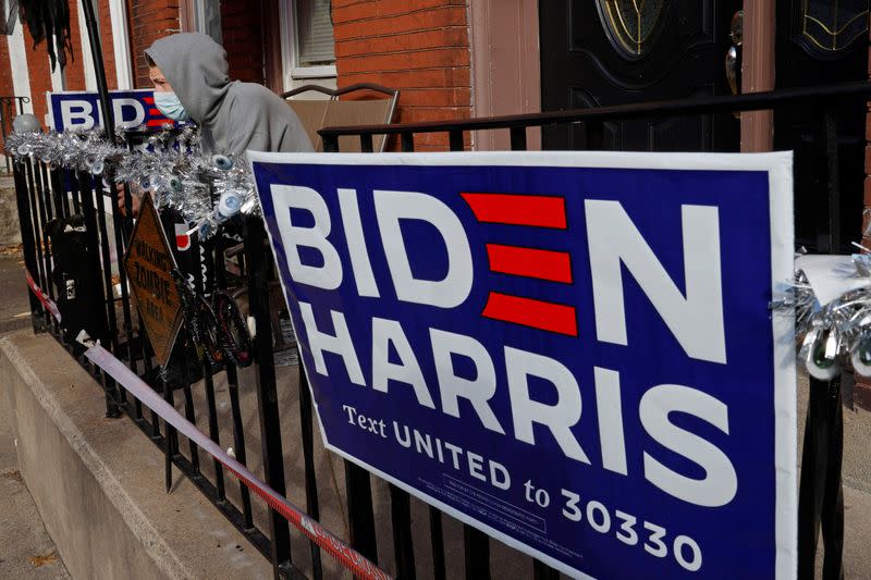 Halloween decorations and campaign signs for Democratic U.S. presidential nominee Biden hang in Easton