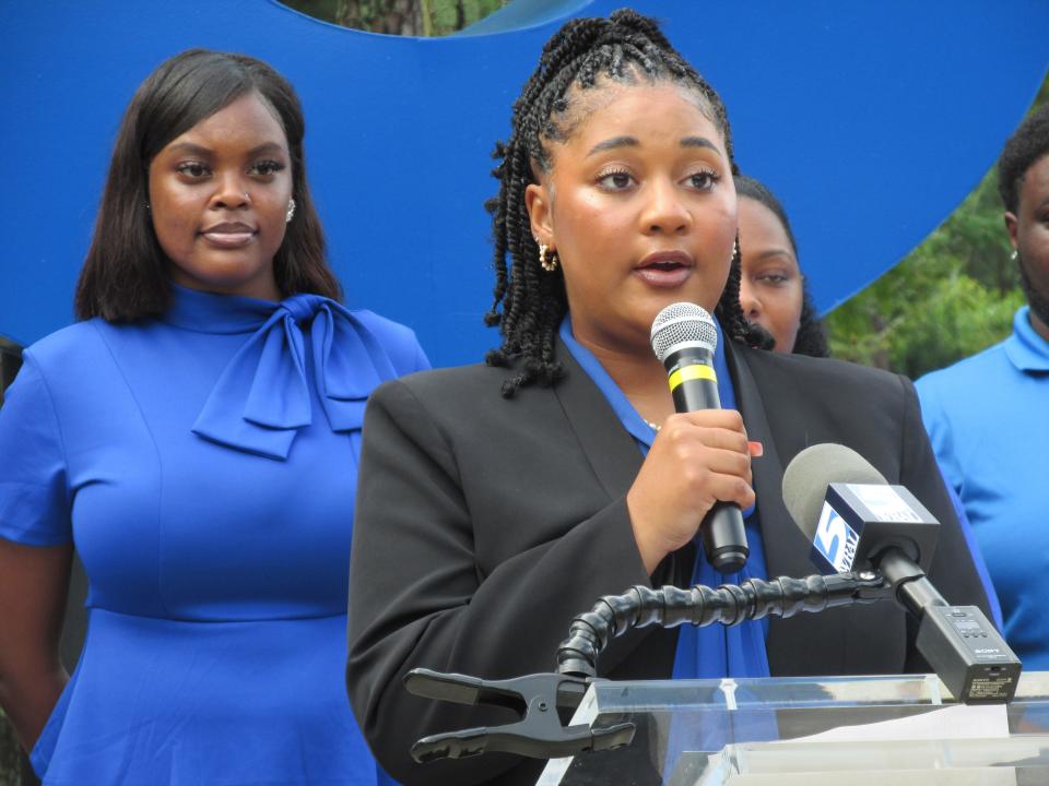 Keturah Haynes, a Fayetteville State University sophomore student enrolled in summer school, speaks during an announcement Thursday, July 6, 2023, that Fayetteville State University has historic summer enrollment.