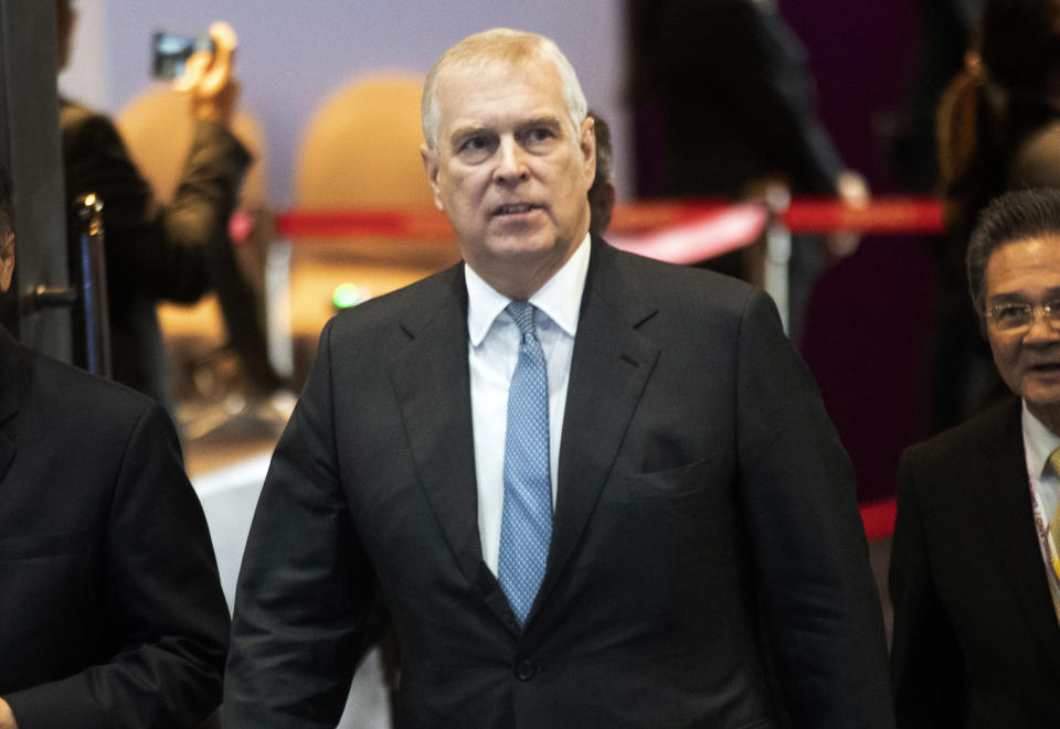 FILE - In this Sunday, Nov. 3, 2019 file photo, Britain's Prince Andrew arrives at ASEAN Business and Investment Summit (ABIS) in Nonthaburi, Thailand. British police said Sunday, Oct. 10, 2021 that they will not be taking any further action against Prince Andrew after a review prompted by a Jeffrey Epstein accuser who claims that he sexually assaulted her. (AP Photo/Sakchai Lalit, file)