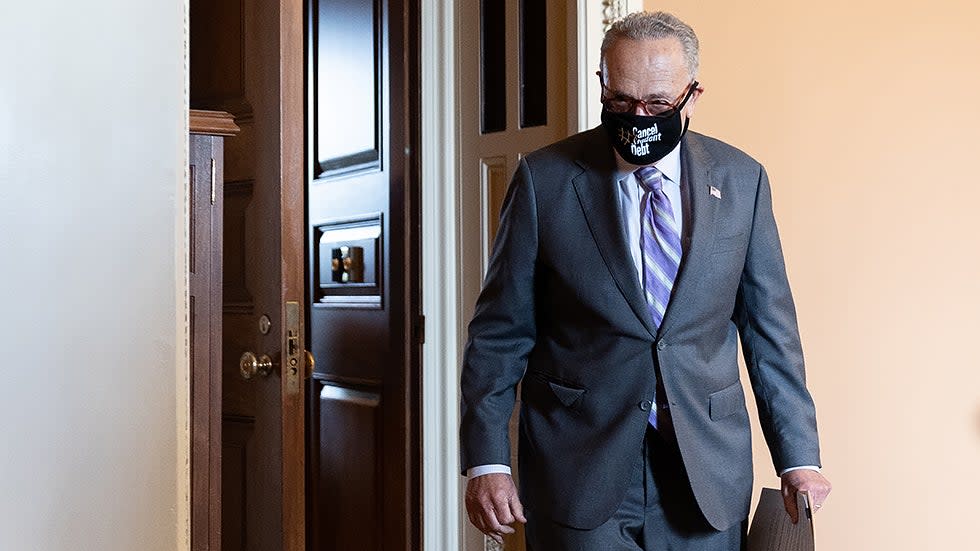 Majority Leader Charles Schumer (D-N.Y.) arrives for a press conference after the weekly policy luncheon on Tuesday, October 5, 2021.