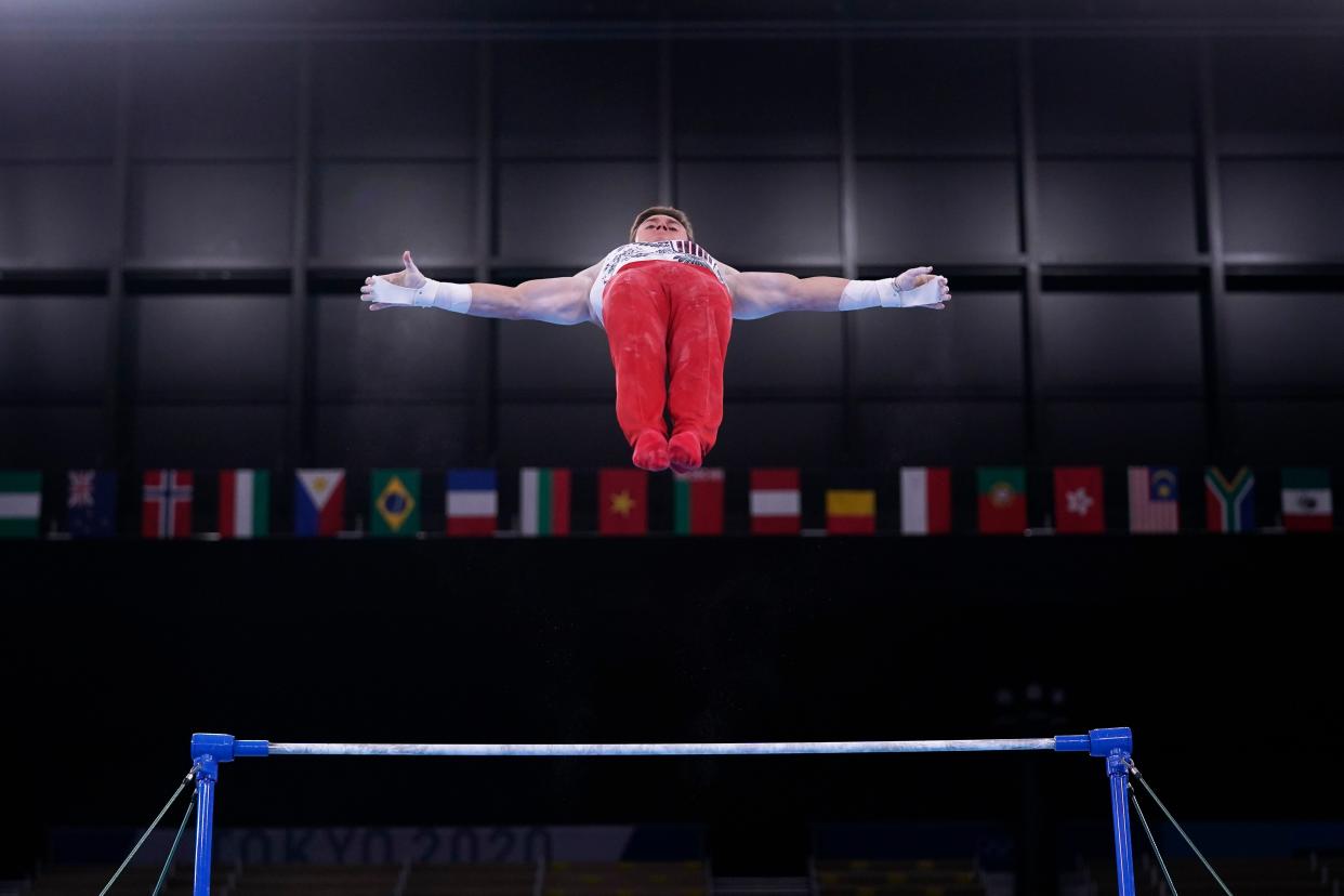 Brody Malone, of the United States, performs on the horizontal bar during the men's artistic gymnastic qualifications at the 2020 Summer Olympics, Saturday, July 24, 2021, in Tokyo.