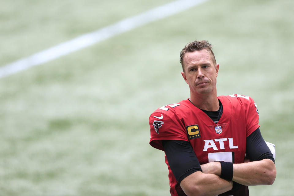 ATLANTA, GA - OCTOBER 25:  Quarterback Matt Ryan (2) of the Atlanta Falcons watches the last 30 seconds of the week 7 NFL game between the Atlanta Falcons and the Detroit Lions on October 25, 2020 at Mercedes-Benz Stadium in Atlanta, Georgia.  (Photo by David John Griffin/Icon Sportswire via Getty Images)