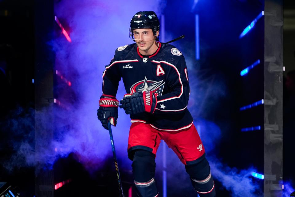 Oct 12, 2023; Columbus, Ohio, USA; Columbus Blue Jackets defenseman Zach Werenski (8) takes the ice prior to the season opener against the Philadelphia Flyers at Nationwide Arena.