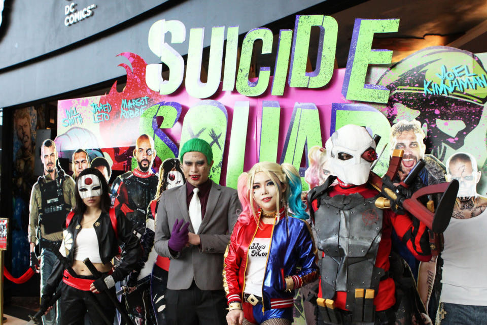 “Suicide Squad” cosplayers at the entrance of the DC Comics Super Heroes Cafe. (Sharlene Sankaran / Yahoo Newsroom)