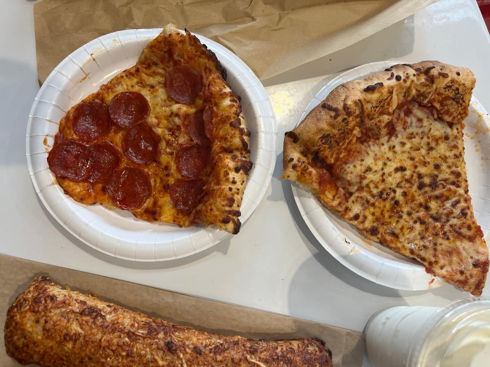 Pepperoni and cheese pizza slices at Costco