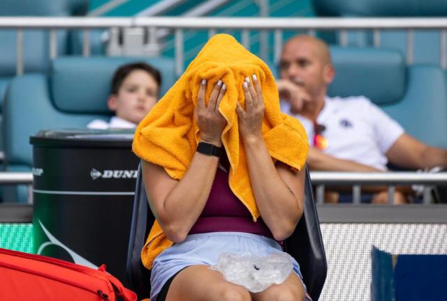 Aryna Sabalenka of Belarus reacts during her match against Sorana Cirstea of Romania at the Miami Open tennis tournament on Wednesday, March 29, 2023, in Miami Gardens, Fla.