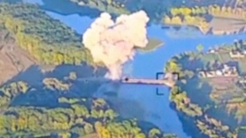 PHOTO: In this footage released by the Ukrainian armed forces on Sunday, Aug. 18, 2024, smoke billows in what is said to show the destruction of a key bridge in Russia's Kursk region.  (Ukrainian Air Force via AP)