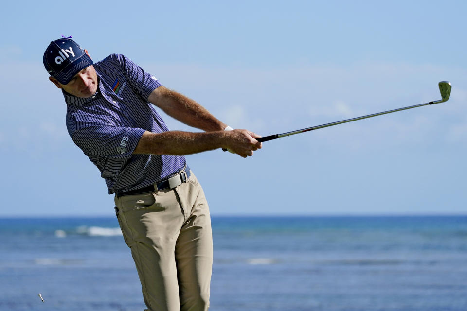 Jim Furyk plays his shot from the 17th tee during the second round of the Sony Open golf tournament, Friday, Jan. 14, 2022, at Waialae Country Club in Honolulu. (AP Photo/Matt York)