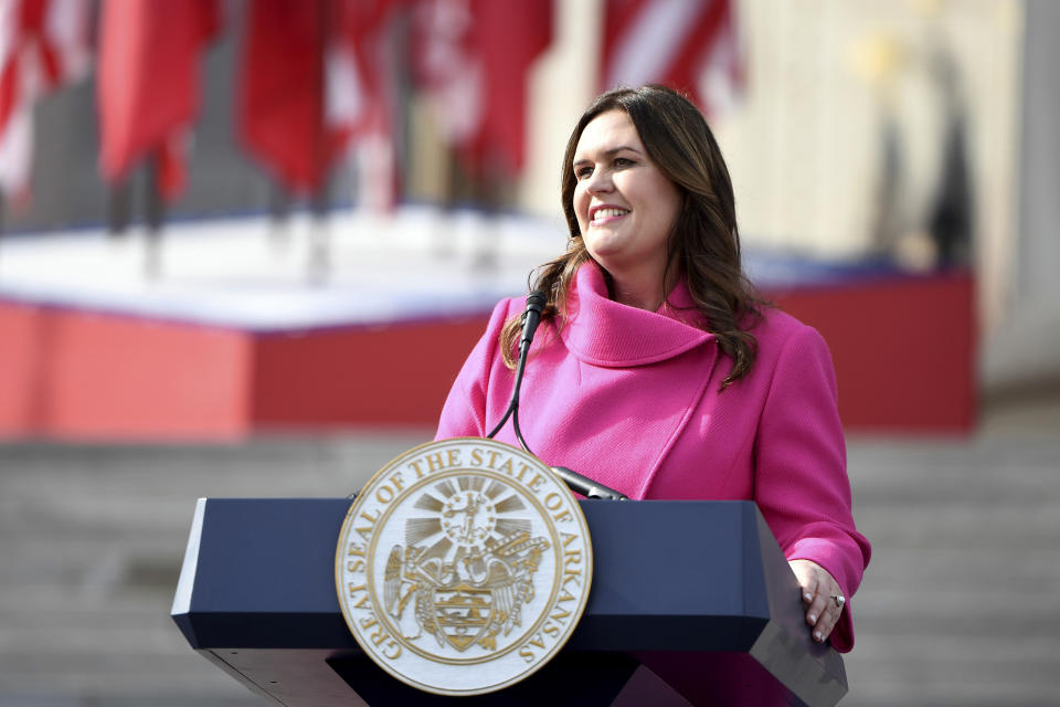 FILE - Arkansas Gov. Sarah Huckabee Sanders speaks after taking the oath of office, Jan. 10, 2023, in Little Rock, Ark. Arkansas lawmakers are convening at the Capitol and their top agenda item is taking up Gov. Sarah Huckabee Sanders' $6.3 billion proposed budget for the coming year. (AP Photo/Will Newton, File)