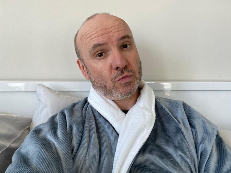 The author taking a selfie in a blue robe, Paul Oswell, Capella Sydney Hotel review