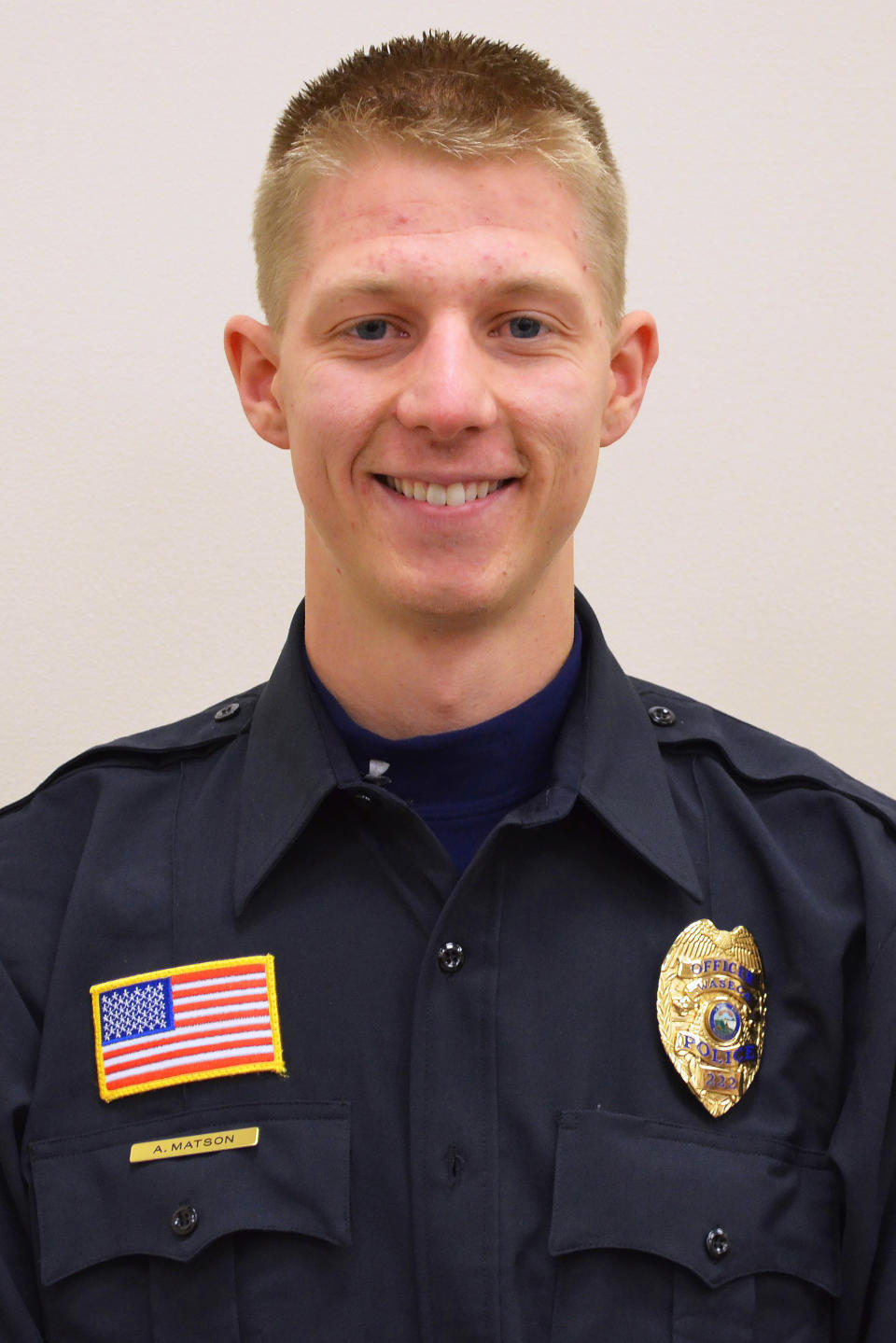 This undated handout photo provided by the Minnesota Bureau of Criminal Apprehension, shows Waseca, Minn. Police Officer Arik Matson. Matson was shot in the head Monday night, Jan. 6, 2020 while responding to a report of a suspicious person in the small southern Minnesota city of in Waseca. Matson, 32, was in critical but stable condition Tuesday. (Minnesota Bureau of Criminal Apprehension via AP)