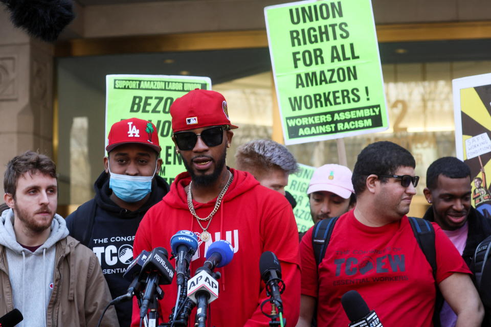 Amazon Labour Union (ALU) organiser Christian Smalls speaks to the media as ALU members celebrate official victory after hearing results regarding the vote to unionize, outside the NLRB offices in Brooklyn, New York City, U.S., April 1, 2022. REUTERS/Brendan McDermid