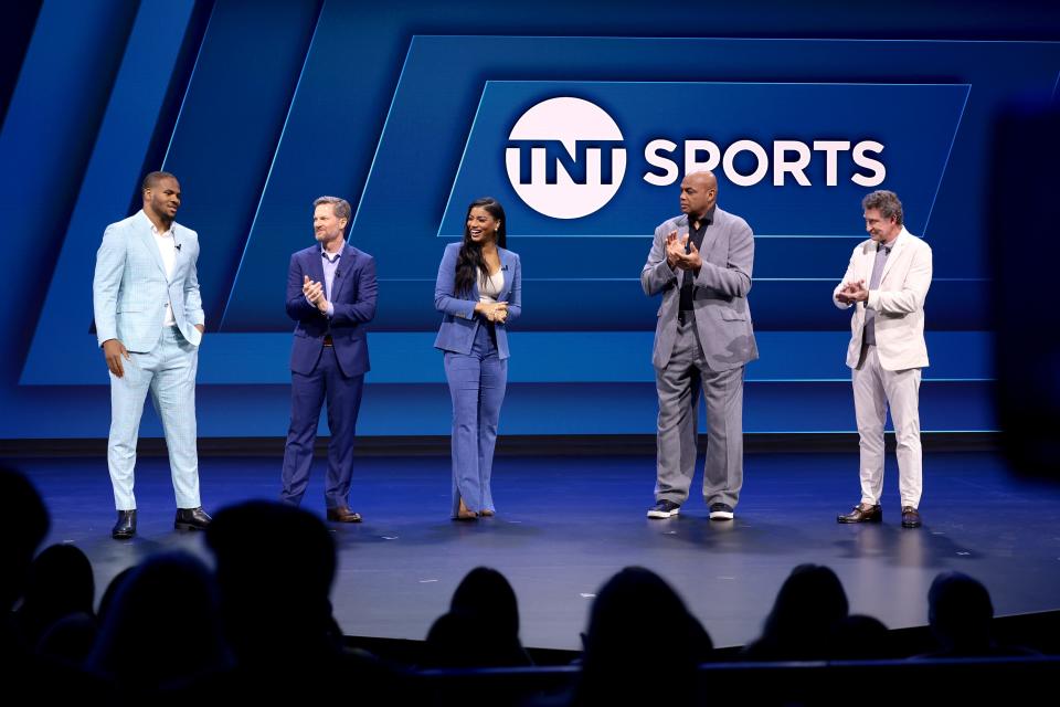 NEW YORK, NEW YORK - MAY 15: (L-R) Micah Parsons, Dale Earnhardt Jr., Taylor Rooks, Charles Barkley and Wayne Gretzky speak onstage during Warner Bros. Discovery Upfront 2024 on May 15, 2024 in New York City. (Photo by Dimitrios Kambouris/Getty Images for Warner Bros. Discovery)