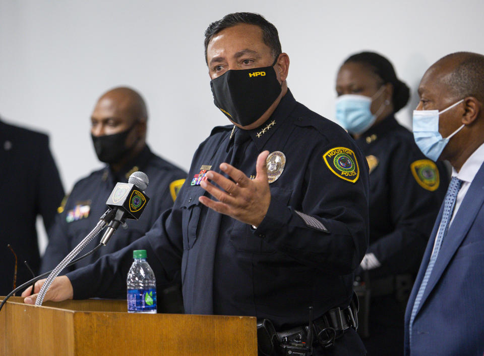 Houston Police chief Art Acevedo announces the department's findings in an April 21 officer-involved fatal shooting of Nicolas Chavez, during a press conference at the Edward A. Thomas building on Thursday, Sept. 10, 2020, in Houston. (Godofredo A. Vásquez/Houston Chronicle via AP)