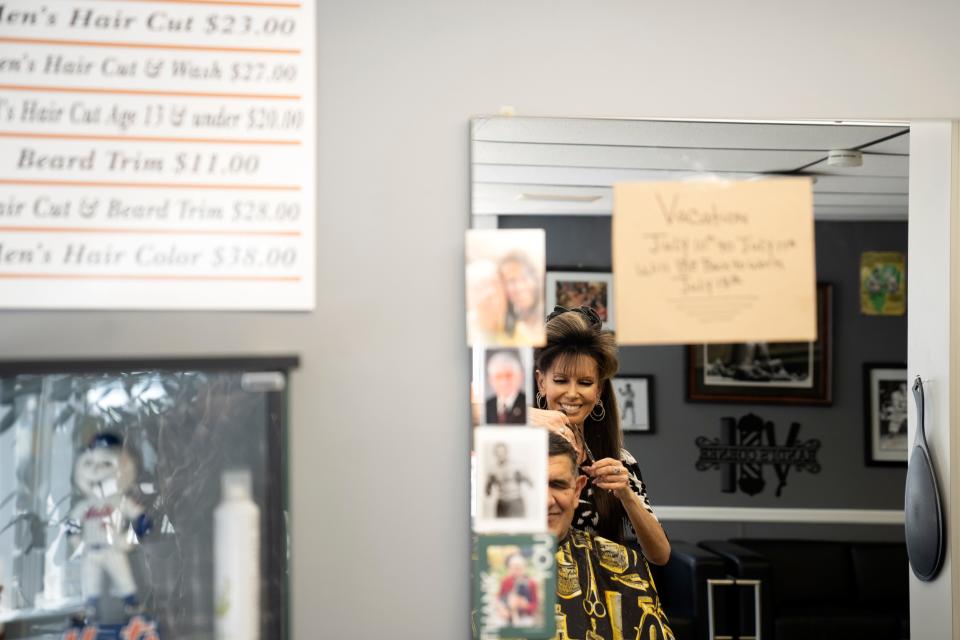 Randi Gaetano, owner of Randi's Corner Barber Shop in Boonton, cuts Ed AmaducciÕs hair on Tuesday, June 20, 2023. The shop is approaching its 65th anniversary. Gaetano has worked at the shop for 32 years and took over from the original owners in 2020.