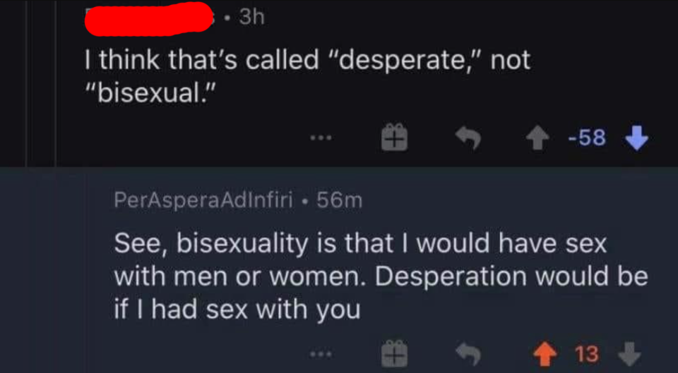 person who says I think that's called desperate not bisexual and someone respond bisexuality is that I would have sex with men and women; desperation would be sex with you