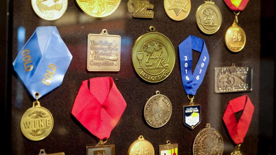 Framed awards line the walls at Eberle Winery on Jan. 9, 2024.