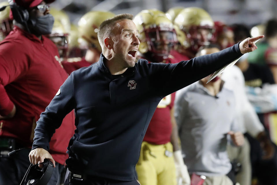 Boston College head coach Jeff Hafley reacts during the second half of an NCAA college football game against Georgia Tech, Saturday, Oct. 24, 2020, in Boston. (AP Photo/Michael Dwyer)