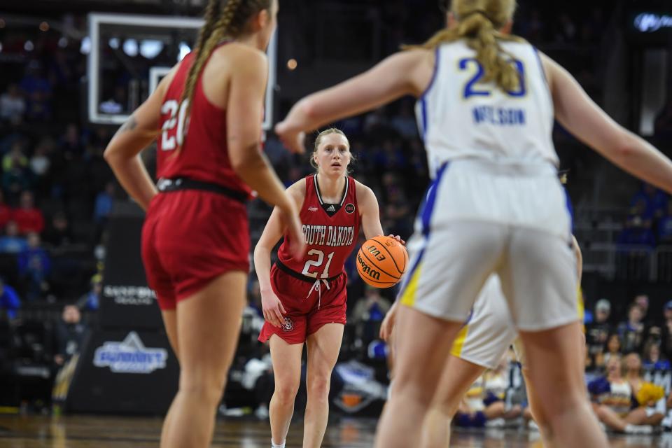 USD's guard Grace Larkins (21) looks to pass the ball on Monday, March 11, 2024 at Denny Sanford Premier Center in Sioux Falls.