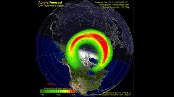 This aurora forecast by the U.S. Space Weather Prediction Center shows the expected northern lights activity for Oct. 7, 2015 during a geomagnetic storm. The storm could make auroras visible as far south as Pennsylvania, Iowa and Oregon, accord