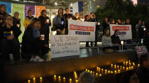 <p>People take part in a candle light vigil in downtown San Francisco, the United States, on August 12, 2017. Three people were killed and 19 wounded in Charlottesville, as a supporter of the so-called alt-right movement rammed his car into a crowd of protesters against a white nationalist rally. Then, a local group known as Indivisible SF, short for San Francisco, called for the vigil ”to stand in solidarity with Charlottesville.” (Xu Yong/Xinhua via ZUMA Wire) </p>