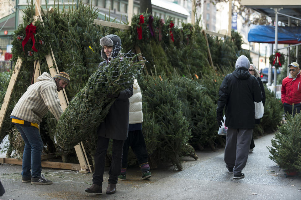 A resident of Manhattan's Upper West Side purchases a Christmas tree from a street vendor on Friday, November 29, 2013. (Photo by Angelo Merendino/Corbis via Getty Images)