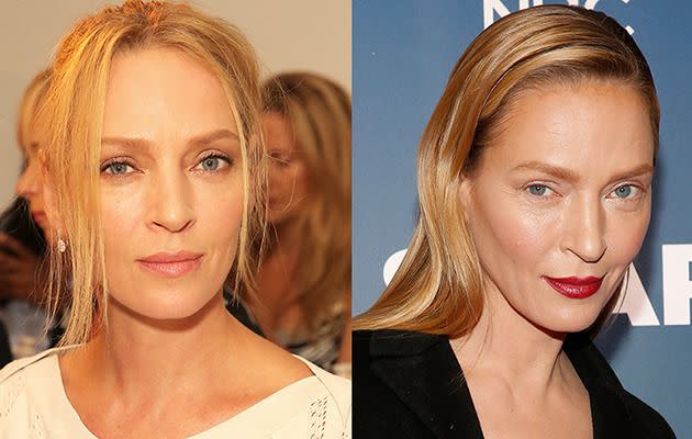 Uma Thurman in 2014 and today. Image: Getty Images