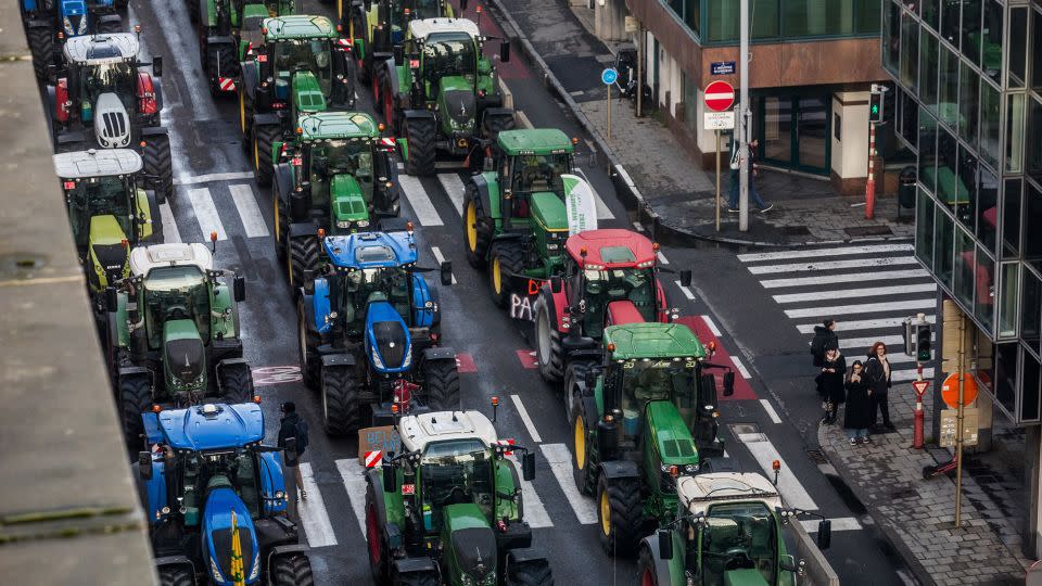 Rows of tractors clogged roads in Brussels on Thursday morning. - Hatim Kaghat/Belga/AFP/Getty Images