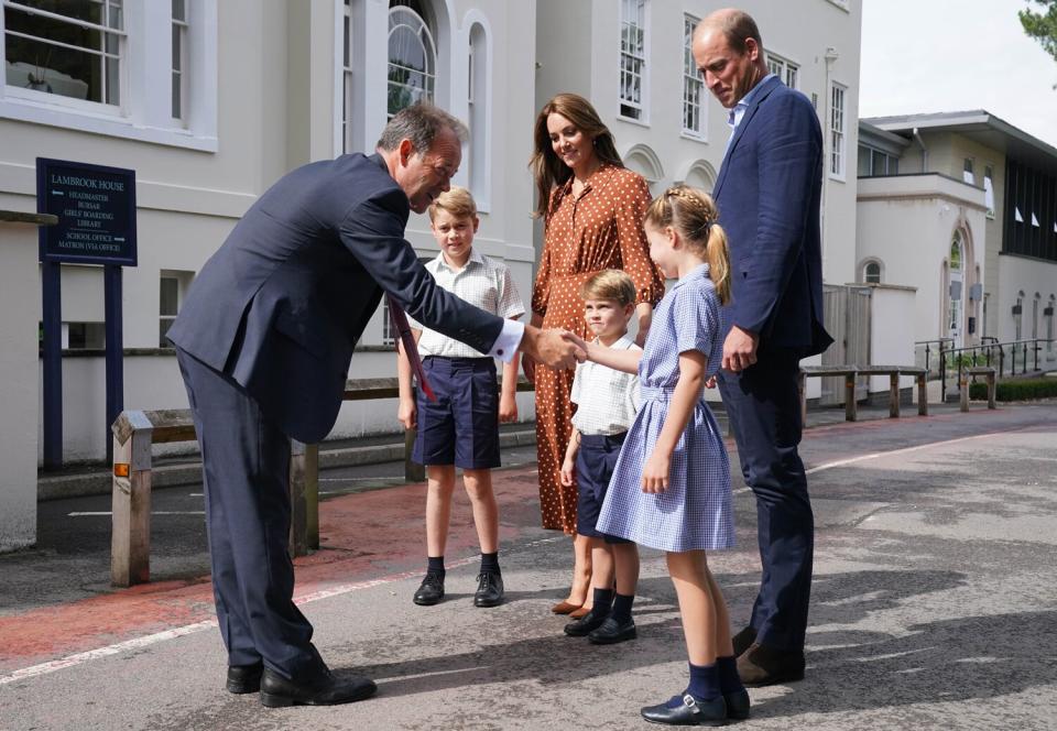 Prince George, Princess Charlotte and Prince Louis, accompanied by their parents the Duke and Duchess of Cambridge, arrive for a settling in afternoon at Lambrook School, near Ascot in Berkshire