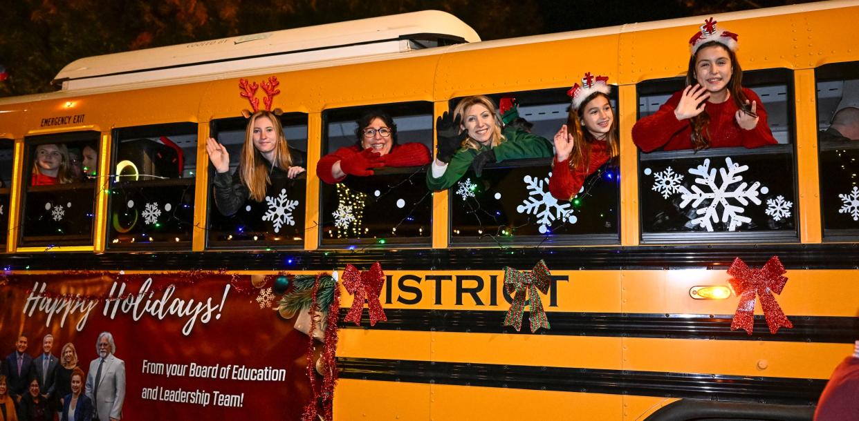 VUSD Education Board's float during the 77th Annual Candy Cane Lane Parade on Monday, November 27, 2023 in Downtown Visalia. About 100 entries participated in this year's event.