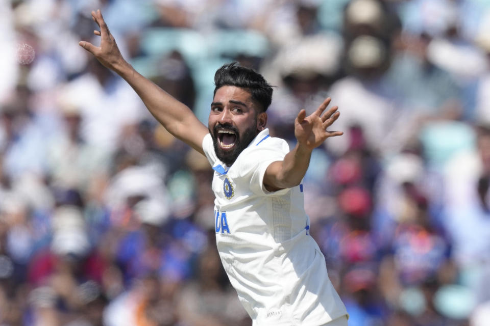 India's Mohammed Siraj appeals for lbw on Australia's Marnus Labuschagne but it was given not out on the third day of the ICC World Test Championship Final between India and Australia at The Oval cricket ground in London, Friday, June 9, 2023. (AP Photo/Kirsty Wigglesworth)