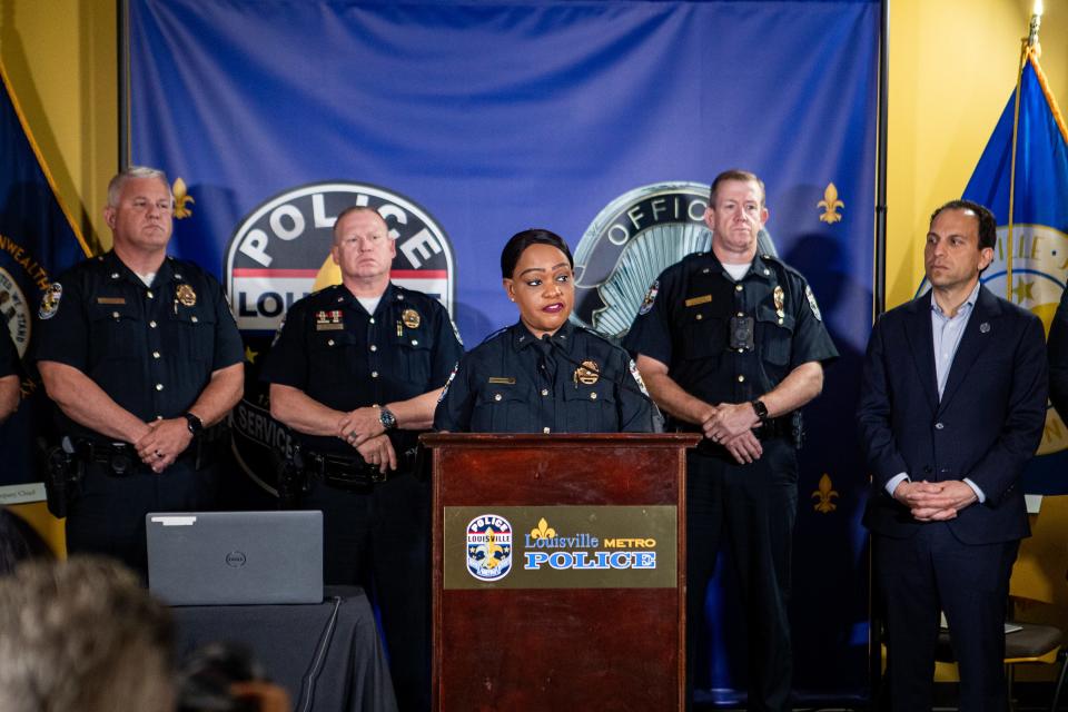 LMPD Police Chief Jacquelyn Gwinn-Villaroel talked during a press conference to provide an update regarding the review of incidents in the Department of Justice's findings investigation. Aug. 10, 2023