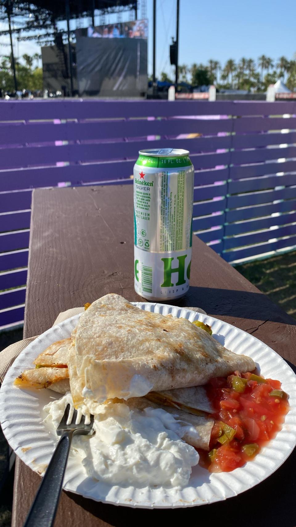 Veggie quesadilla and beer at Coachella (Matthew Cooper/The Independent)